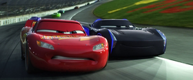 Lightning facing Jackson Storm in his Piston Cup paint job for the 2016 season From Cars 3