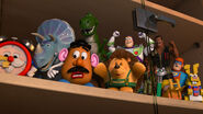 From left to right: Old Timer, Trixie, Mr. Potato Head, Rex, Mr. Pricklepants, Buzz, Pez Cat, Pocketeer, Combat Carl, Combat Carl Jr., Forklift Sal and Lego Bunny