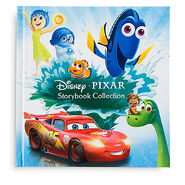 Joy on the front cover of the Disney/Pixar Storybook Collection with six other Pixar characters: Sadness, Nemo, Dory, Lightning McQueen, Spot and Arlo