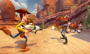 Woody about to shoot an Outlaw with a UFO Gun in Toy Box Mode.