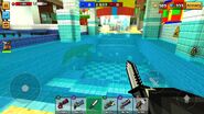 The crocodile swimming in the main pool.