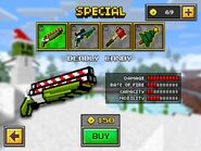 The Deadly Candy, which was the original base version of the current Steam Power. It was replaced by the current Steam Power in the 8.0.0 update. It had a triple-barrel setup, with a candy cane pattern on each barrel. The base and handle are lime green. A small patch of white can be seen under the base. When you reload, the gun opens in half and you put three sorts of candies as ammo in the gun.