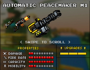 The Automatic Peacemaker M1, which was the original base version of the Automatic Peacemaker. It was replaced by the current Automatic Peacemaker in the 8.1.0 update. It was mostly gray, with a quad barrel setup. Some yellow can be found in the back. While firing, the barrels spin in a clockwise fashion.