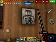Pixel Man's portrait in the Farm level.