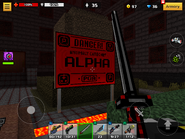 A sign that reads “DANGER! ANOMALY CATEGORY: ALPHA.”, possibly referencing the SCP Foundation’s infamous Keter Object Class.