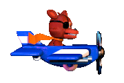 Adventure Foxy voando em seu avião, indo para cima, durante o minigame "Foxy Fighters".