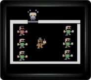 O monitor mostrando uma cena do minigame "Take Cake to the Children", durante o Final Bom.