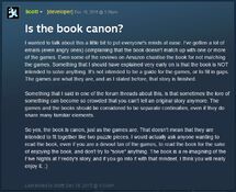 Scott explicando que o livro e os jogos existem como continuidades separadas, ou universos alternativos.