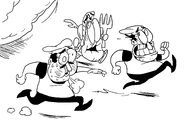 Two Peppinos and a Forknight running away from what seems to be a boulder rolling towards them.