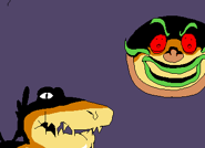 A scrapped background showing a realistic version of Cheese Dragon and Pizzaface.