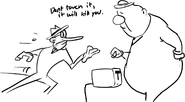 Mr. Stick warning Burton about one of his inventions gone wrong.