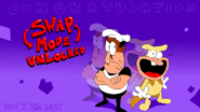 The Swap Mode screen, seen when leaving Peppino’s house after falling into it for the first time. Depicting Peppino and The Noise standing next to each other in a purple background with text saying "C O N G R A T U L A T I O N" "SWAP MODE UNLOCKED" and "You 'R' The Best".