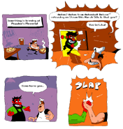 Antoncomic1.png (54 KB) Peppino being shocked and surprised upon seeing Dynamite Anton from the hit game Antonball Deluxe enter his restaurant before they dap each other up.