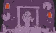 Old Tower background. Purple brick wall with windows, cheese and Pizzaface statue. The statue seems to be a reference to King Harkinian from Zelda: The Wand of Gamelon.