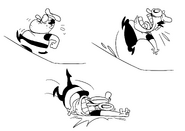 Sketches showing Peppino being unable to run up a slope.