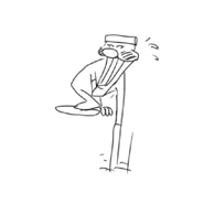 Pizzahead hiding the pinup picture blushing.