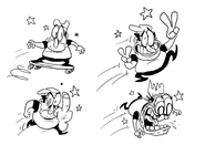 PizzaTowerBook 0014 Calque-53.png (460 KB) Sketches of Peppino riding a skateboard, striking two peace signs, flipping the player off and panicking. Note that as he's doing all of these poses, he's sent airborne.