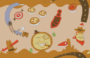 Bg pinball1.png (45 KB) Western District Chef Tasks background. Pinball walls depicting several Western-themed items, such as a cowboy pizza and a box of cows seen in one of the Fun Farm backgrounds being carried by a train.