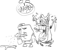 Geromeeeeeeee.png (137 KB) Concept artwork of Gerome cleaning a patch of slime off the floor during Pizza Time, with Peppino frantically trying to get his attention.