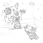 A sketch from PTG’s Twitter account showing Peppino and an anthropomorphic Pizzaface in sumo getups, with Peppino preparing to throw Pizzaface onto a large fork The Noise is wielding. This was drawn as a response to after Peppino won Vargskelethor's Vinewrestle 2023.