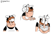 A drawing of Peppino making 3 faces, showing him unamused, nervously looking behind him, and grinning menacingly.
