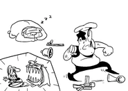 PizzaTowerBook 0000 Calque-67.png (395 KB) Sketches of Peppino attempting to sneak away from a scrapped dog enemy, but failing as he steps on a toy bike horn and makes a run for it.