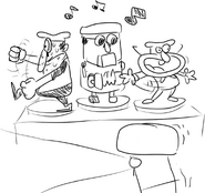 Art of Peppino and The Noise trying to act like animatronics to hide from the Mushroom Monster.