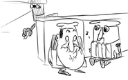 Concept art of Peshino playing music while hiding from a Mushroom Monster.