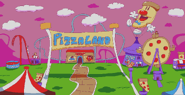 Pizzaland background. A green grass land with attractions, giant Pizza boy balloon, a roller coaster leading directly into a pool of bloodsauce, and a purple sky.