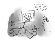 Concept art of Animatronic Gustavo, who would peer in through windows to lure in Peppino.
