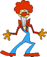 A cardboard cutout of Pizzahead as a clown.