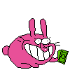 Noisette's bunny form being happy with the money in her hands.