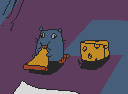 A Stupid Rat sitting next to cheese and eating a pizza slice in one of the backgrounds in Don't Make A Sound.