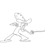 Pizzahead in a musketeer getup, a scrapped attack. Could be a nod to Puss in Boots.