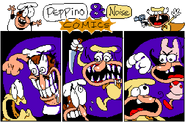 Comic 1. Showing Peppino Killing a Cheeseslime. Noise tries to kill Peppino, but Noisette quickly stops him.