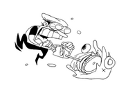 Peppino cutting through an enemy with a buzzsaw.