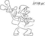 Pizzahead giving a Peace Sign with a worrying face while laughing.