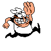 Peppino throwing his hand downwards in the air as an attack that throws the enemy diagonally downwards.