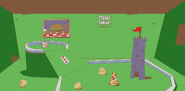 Background #3. An enclosed mini golf area containing some enemies and a golf ball styled after Ball Peppino.
