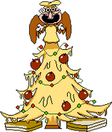 A giant Christmas tree made out of cheese with regular decorations, with The Noise dressed as an angel on top and some pizza boxes underneath.