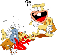 The Noise’s third technical difficulties screen, showing a dead Noise laying in his own blood puddle, while another Noise questions the corpse.