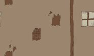 Background #1. Light brown wall with window, wooden plank, and bunch of holes, revealing bricks.
