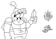 PizzaTowerBook 0030 Calque-18.png (370 KB) Sketches of Knight Peppino, including some showing various sword-based attacks that were scrapped from the transformation.