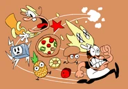 T-shirt design.png (2.68 MB) A T-shirt design, featuring him running along with the pineapple and mushroom toppin's old designs, an outlet, a dead Cheeseslime, a pizza, some Pizza Points and a screaming The Noise