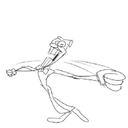 Pizzahead spinning his arms, while his hands are in fists.