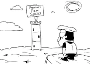 Peppino being annoyed at a sign from the tower saying his pizza sucks.