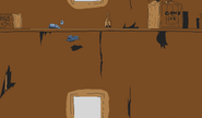 Background #3. The attic of the farm, infested with flying rats. The shelf including a comical box of cows, a box with a worm on a string, and a presumably beer bottle with Special Guest Mort the Chicken depicted on it.