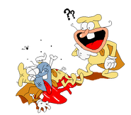 The Noise’s third technical difficulties screen, showing a dead Noise laying in his own blood puddle, while another Noise questions the corpse.