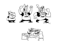 Several Peppino sketches, plus a Wario with a Cease & Desist paper (Most likely due to this concept ripping off his old design from Super Mario Land). The smaller Peppino is a reference to Tiny Wario, a form Wario takes when damaged in the earlier Wario Land games, as well as upon riding Penny's bike in WarioWare: Smooth Moves.