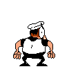 Peppino striking a pose with his back facing the camera. Possibly referencing the victory pose of Street Fighter's Akuma.